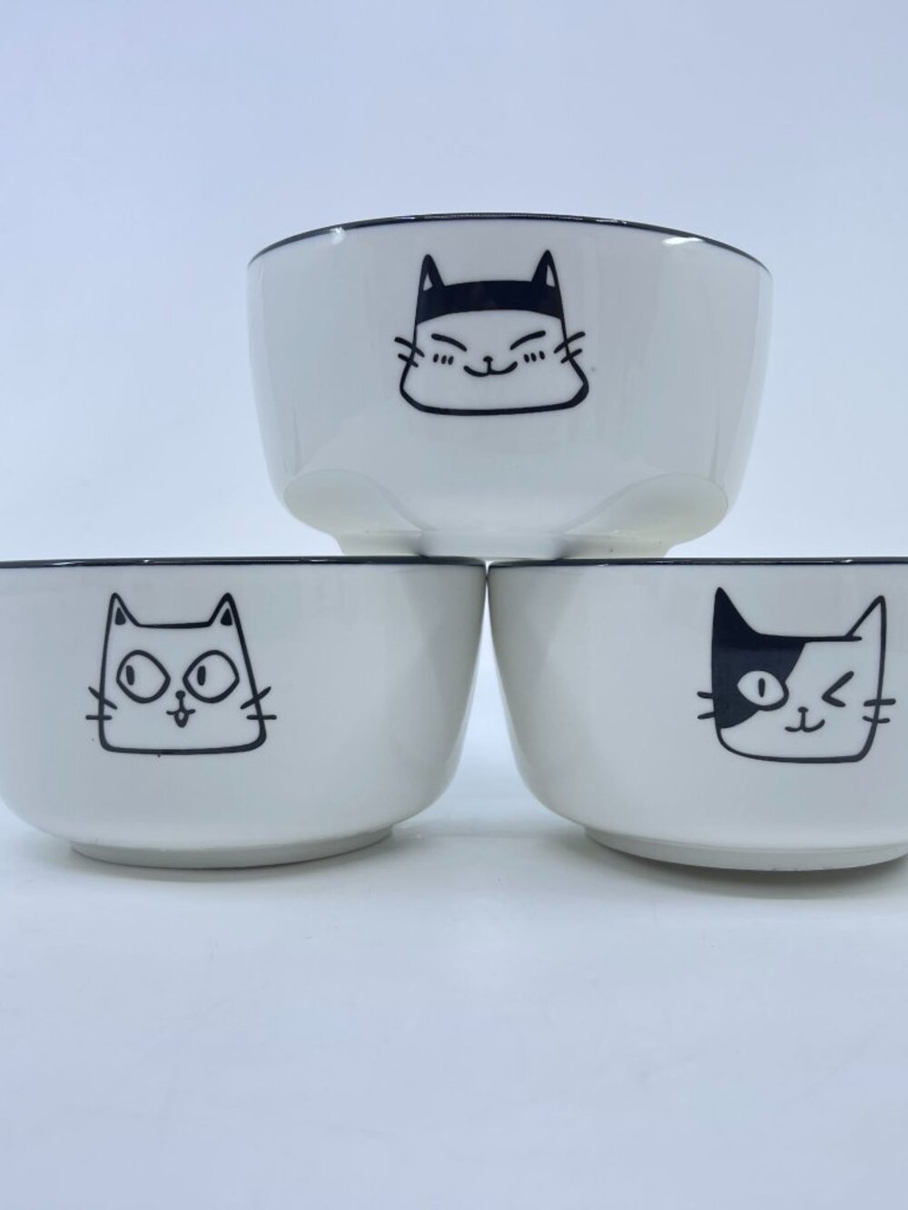 vintage ceramic rice bowls with cat face designs & "europe" text set of 3